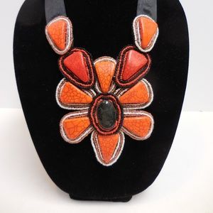 Beaded Shell Bib Necklace  Adjustable Ribbon  NWOT